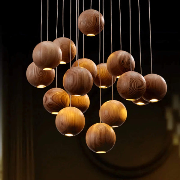 Turned Walnut Log Cluster Pendant with Wooden Sphere