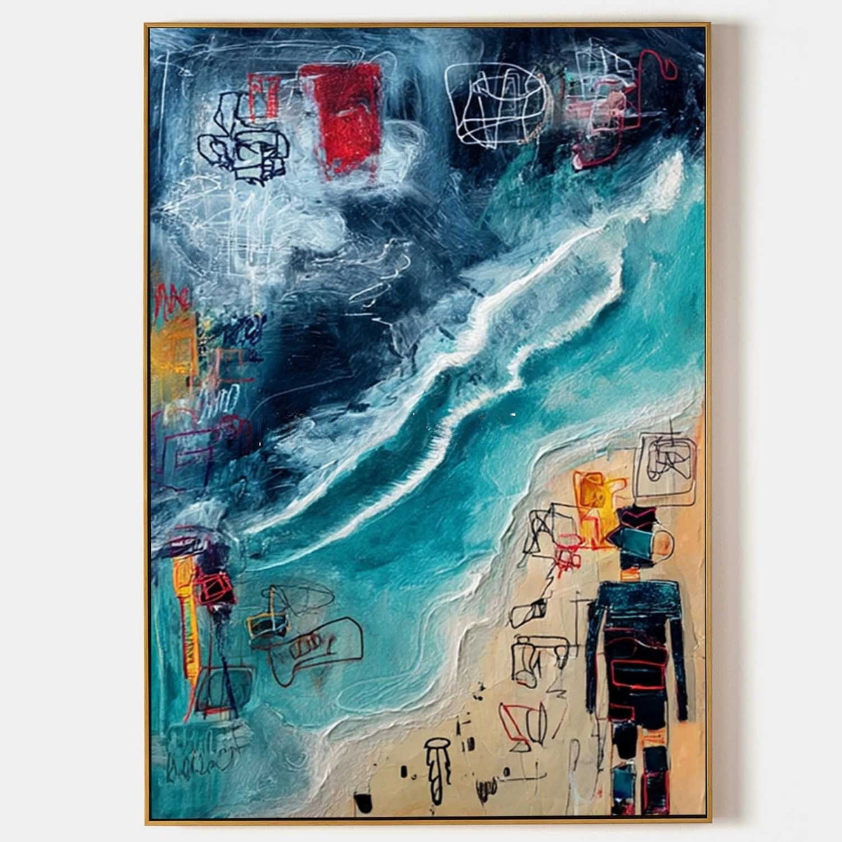 Turquoise Shoreline with Scribbled Figures