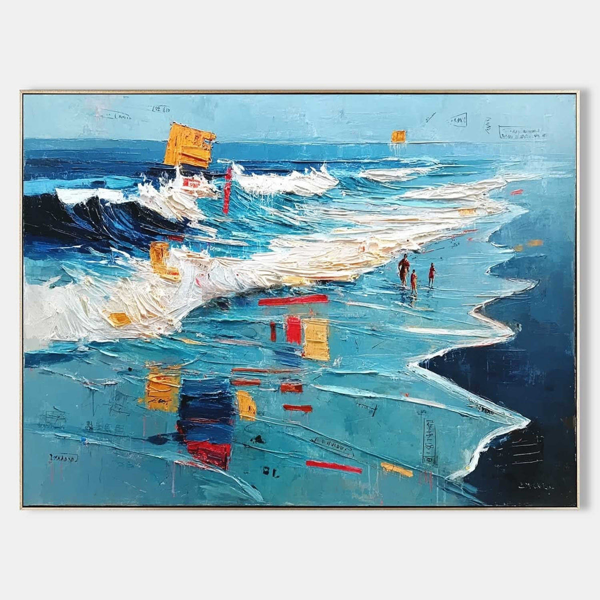 Surf turquesa con figuras distantes