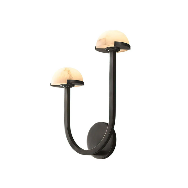 Twin Alabaster Dome and Black Steel Wall Sconce