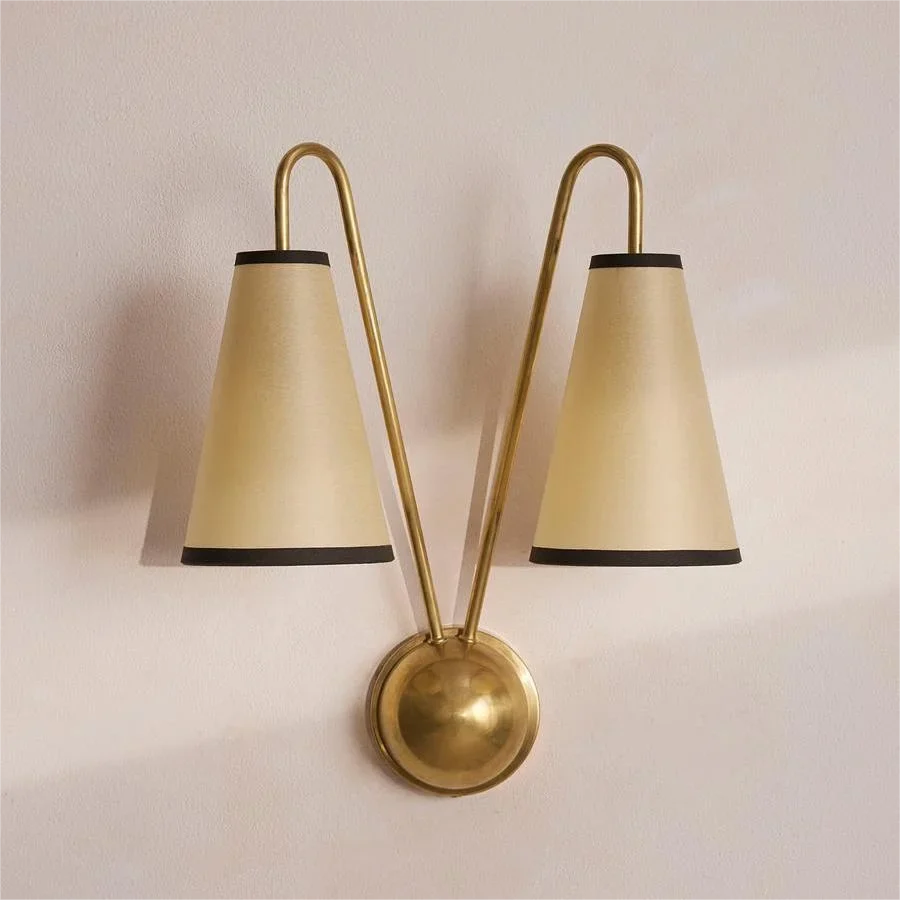Twin Arm Brass Wall Sconce with Fabric Cone Shades