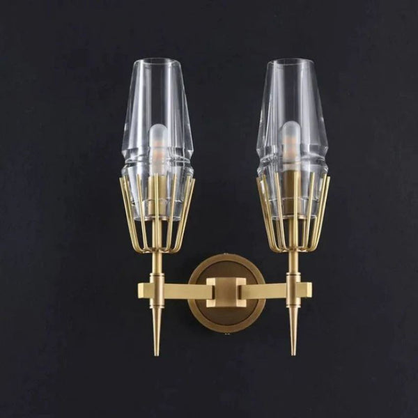 Twin Arm Faceted Crystal and Aged Brass Wall Sconce