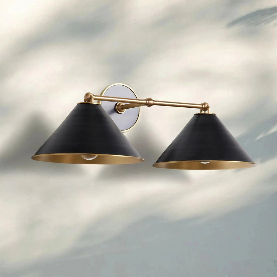 Twin Cone Shade Brass and Iron Wall Sconce