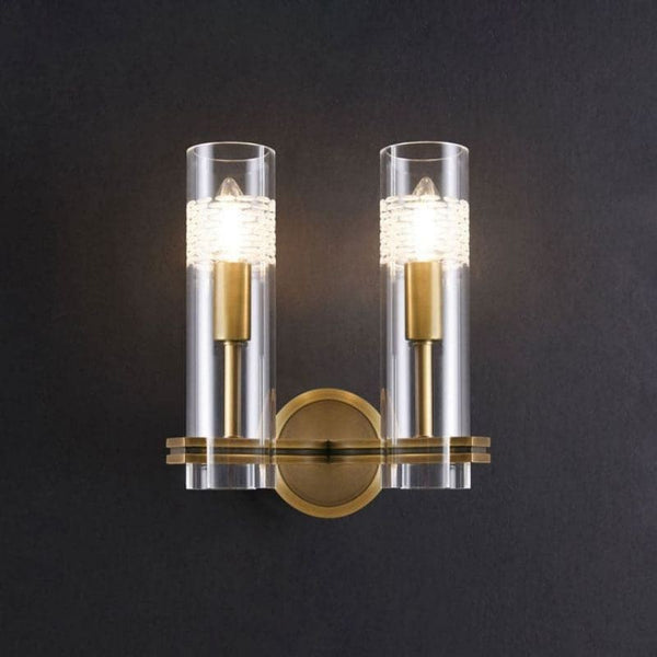 Twin Faceted Crystal Cylinder Brass Wall Sconce