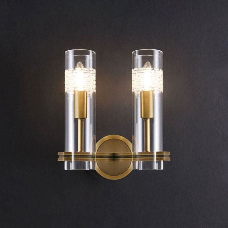 Twin Faceted Crystal Cylinder Brass Wall Sconce