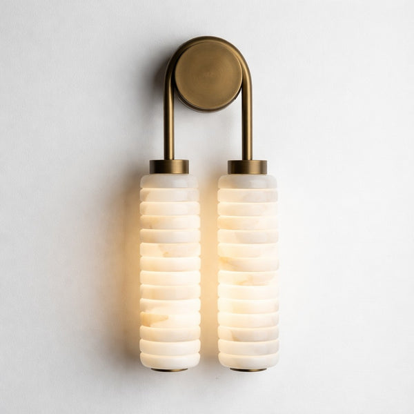 Twin Ringed Marble Column Brass Arm Wall Sconce
