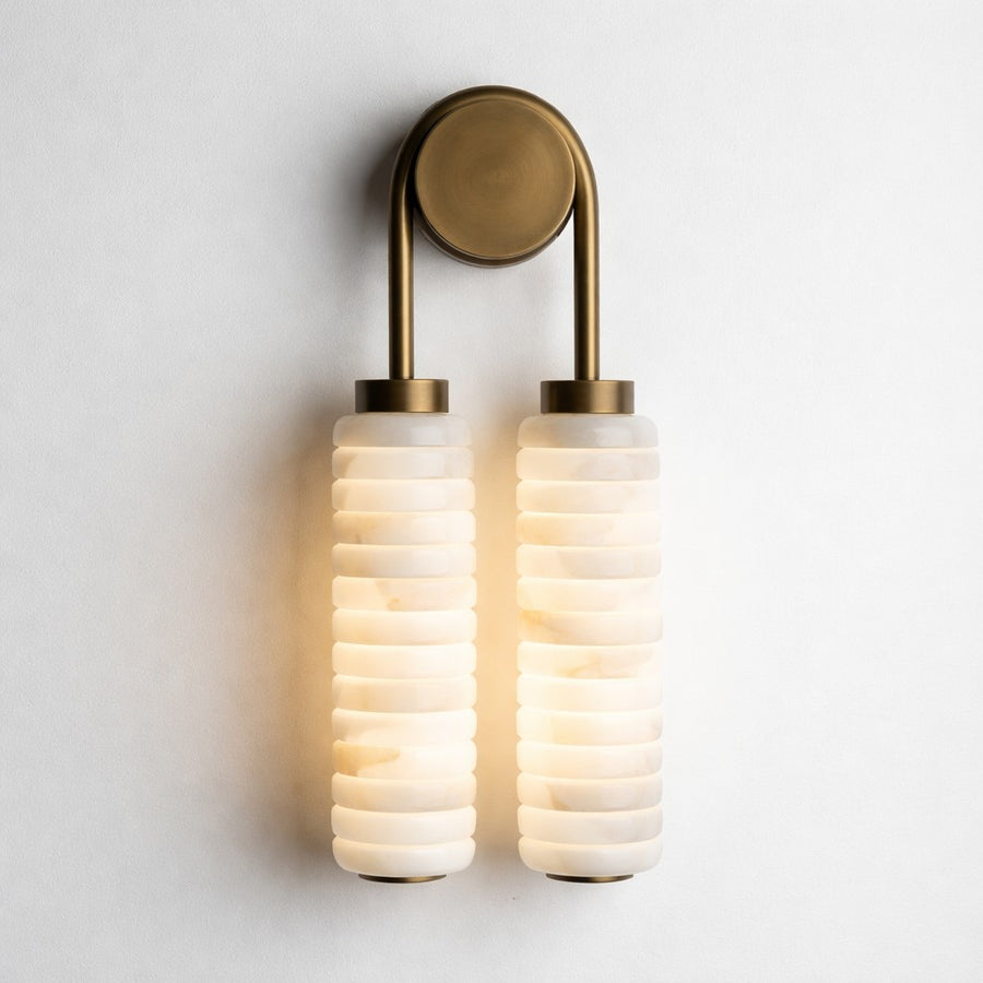 Twin Ringed Marble Column Brass Arm Wall Sconce
