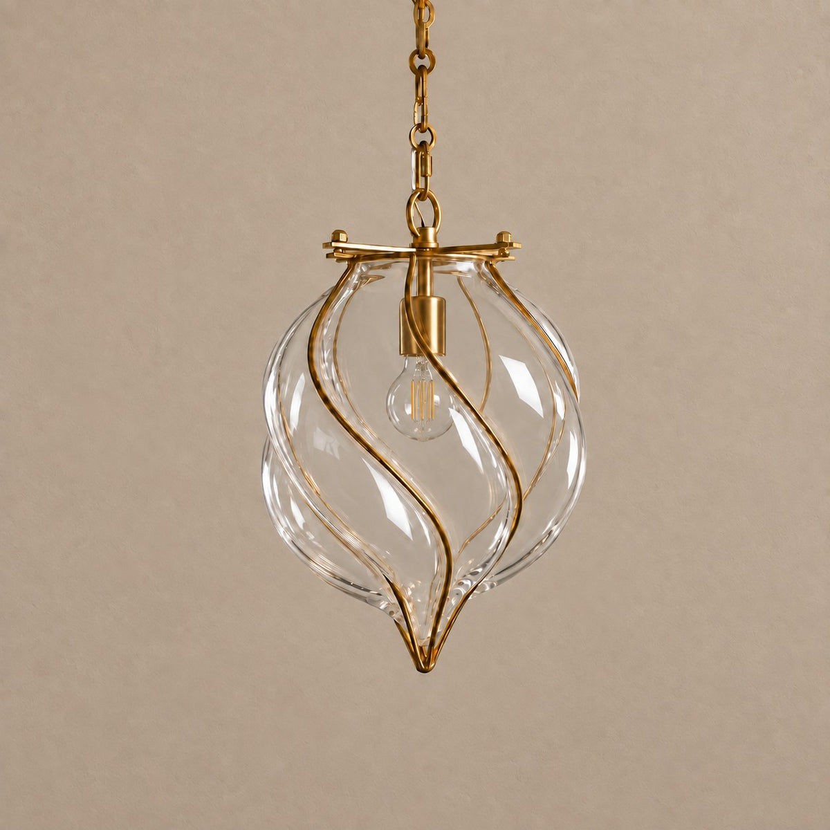 Twisted Clear Glass Lantern Pendant with Brass Spirals