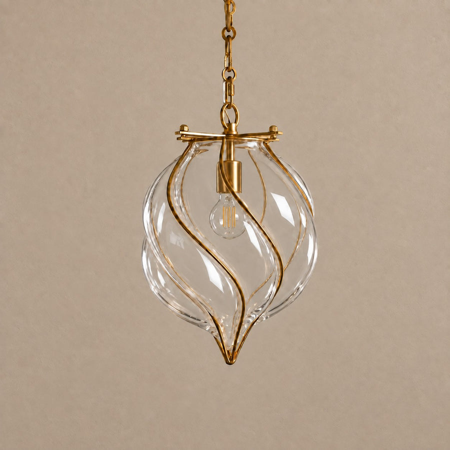 Twisted Clear Glass Lantern Pendant with Brass Spirals