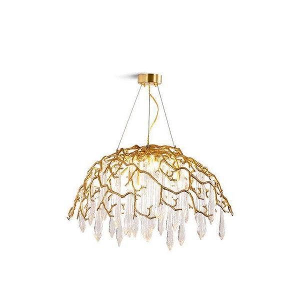 Twisting Brass Branch and Clear Glass Chandelier