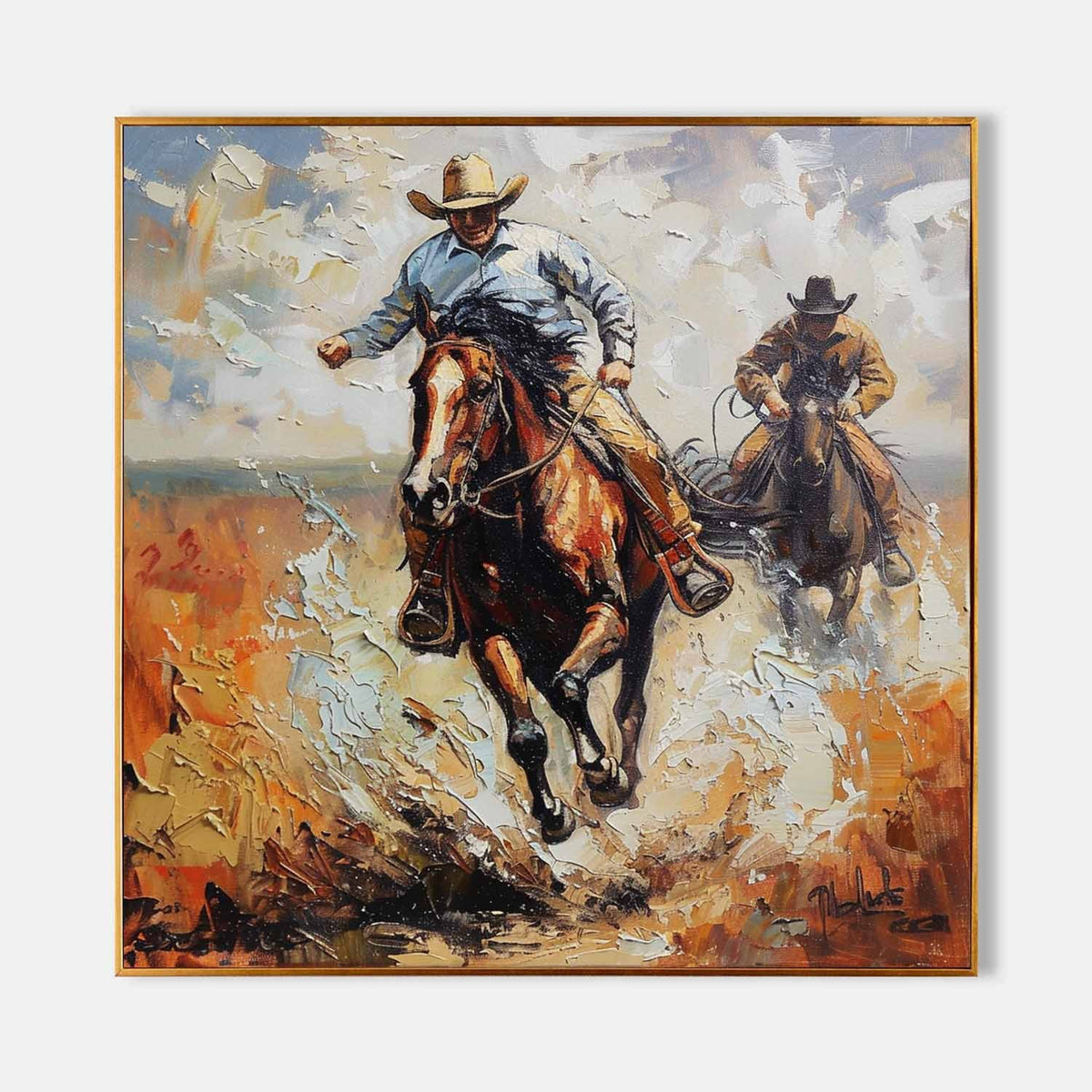 Two Cowboys Riding Through Dust