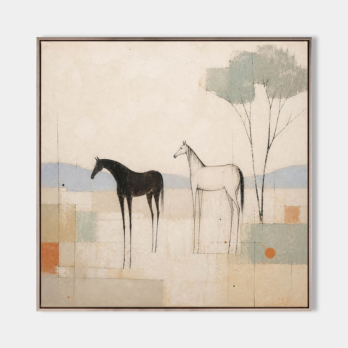 Two Horses Beneath Slender Trees
