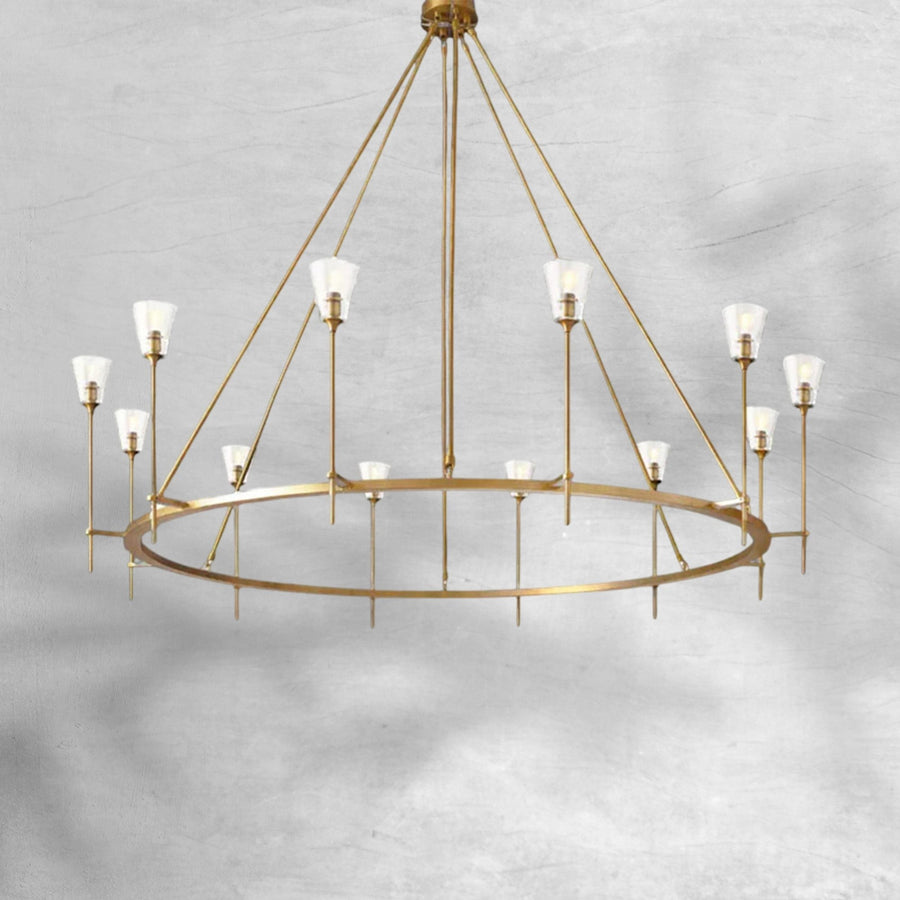 Two Ring Brass Chandelier with Tapered Glass Shades