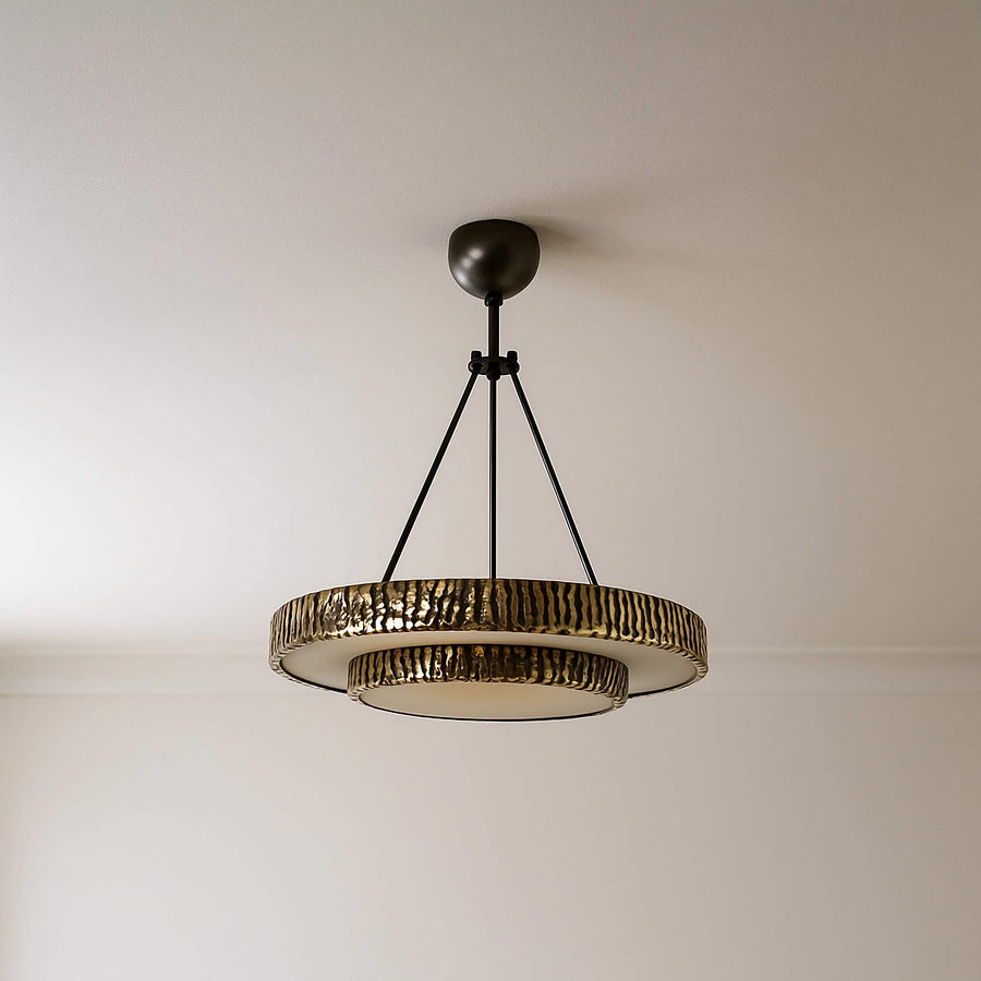 Two Tier Alabaster Disc Bark Textured Brass Chandelier