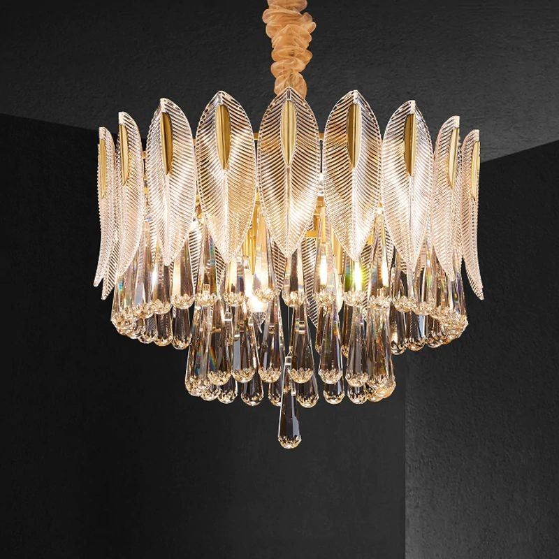 Two-Tier Brass Ring Chandelier with Crystal Drops