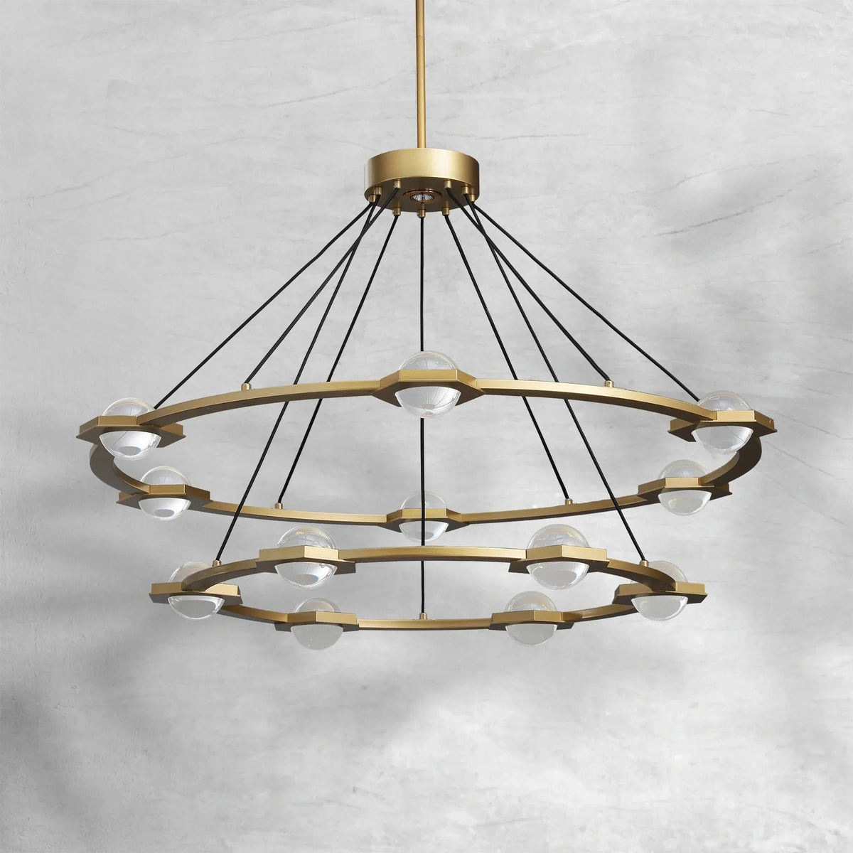 Two-Tier Brass Ring Chandelier with Crystal Orbs