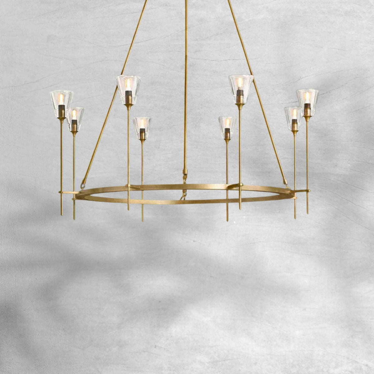 Two Tier Brass Ring Chandelier with Tapered Glass Shades