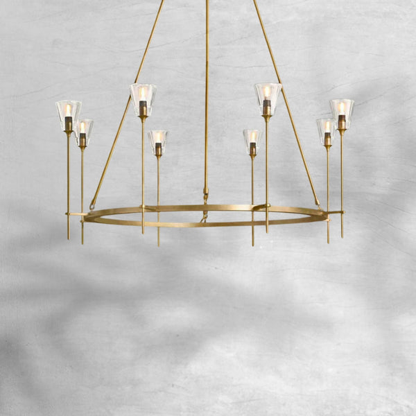 Two Tier Brass Ring Chandelier with Tapered Glass Shades