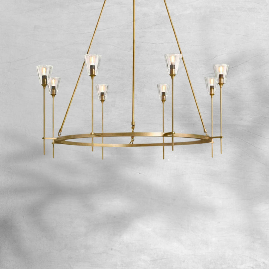 Two Tier Brass Ring Chandelier with Tapered Glass Shades