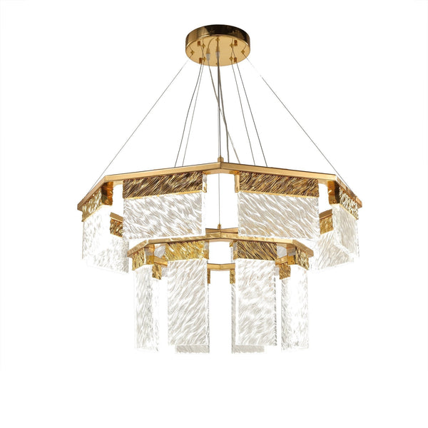Two Tier Clear Crystal and Brass Round Chandelier