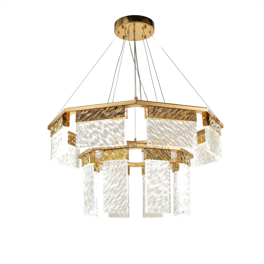 Two Tier Clear Crystal and Brass Round Chandelier