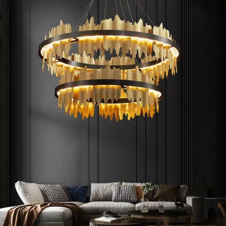 Two-Tier Copper and Steel Ring Chandelier