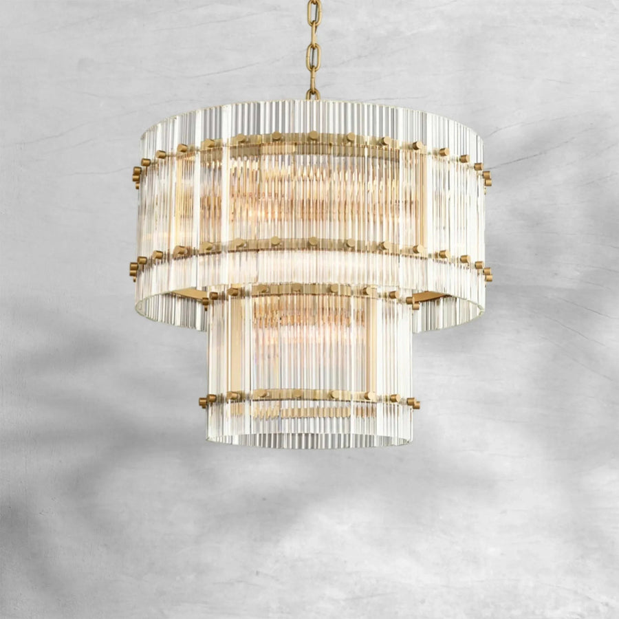 Two Tier Glass Panel Ring Chandelier in Steel
