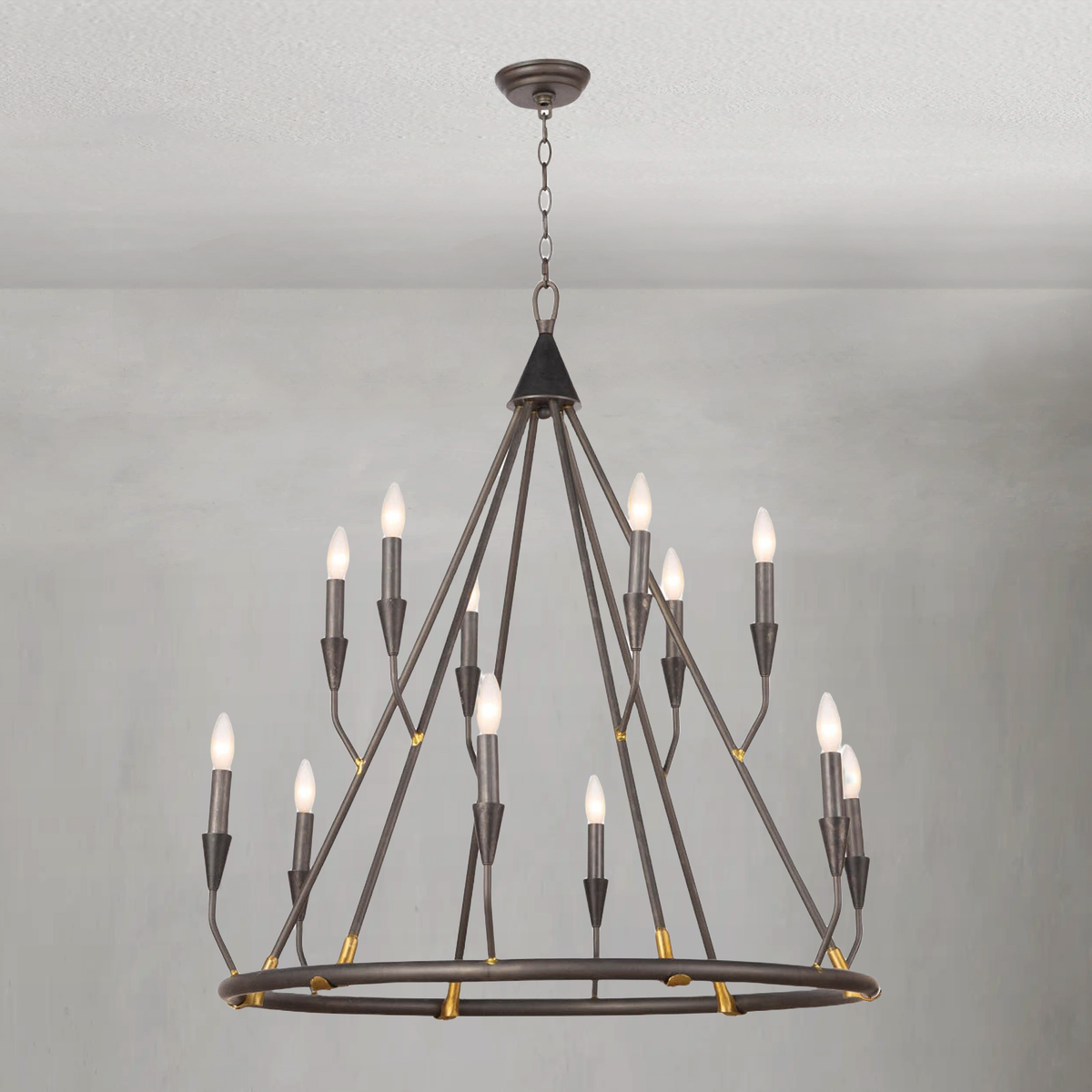 Two Tier Open Blackened Steel Ring Chandelier