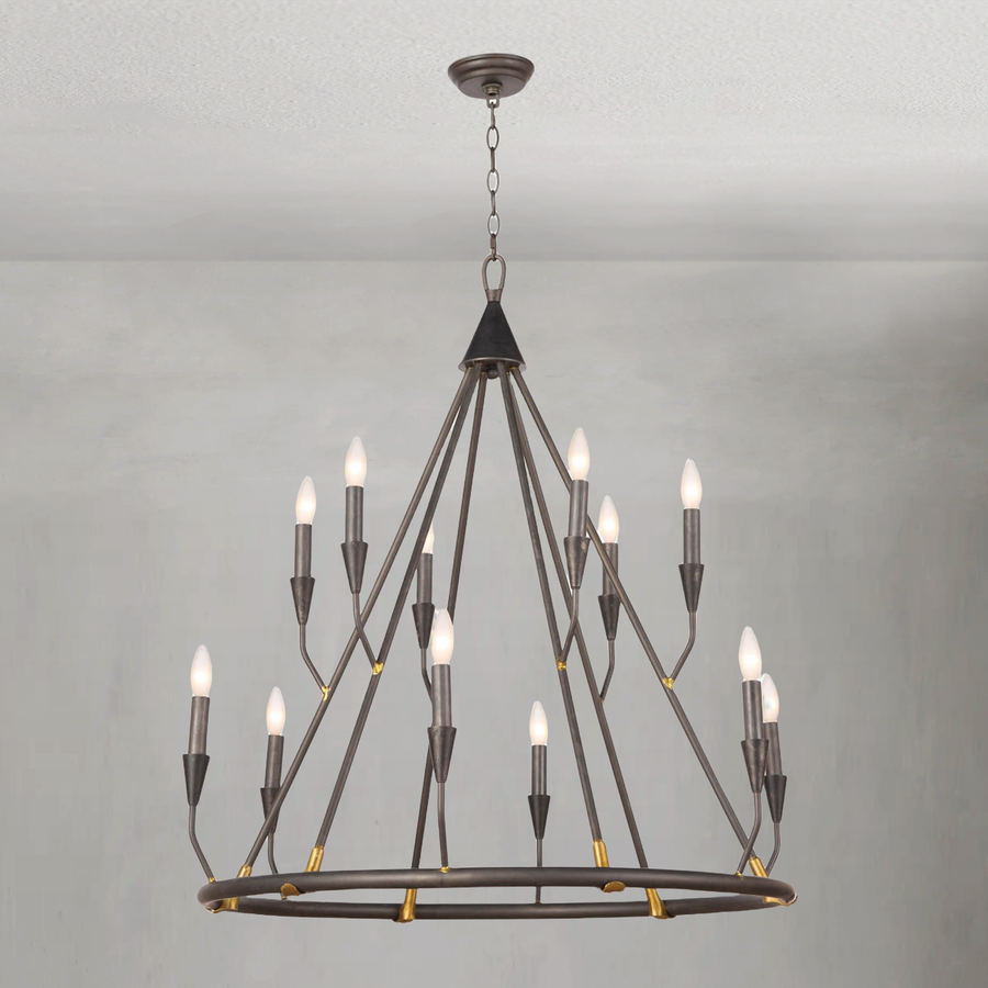 Two Tier Open Blackened Steel Ring Chandelier