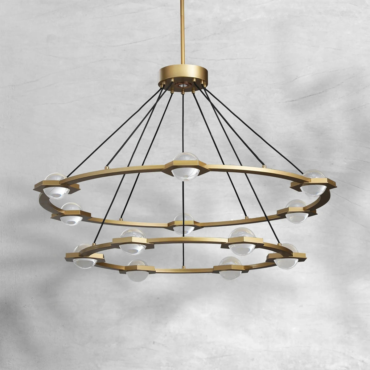 Two Tier Ring Chandelier with Crystal Orbs in Brass