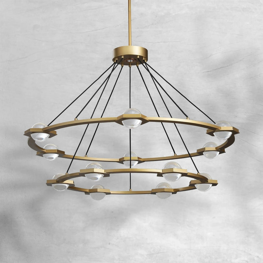Two Tier Ring Chandelier with Crystal Orbs in Brass