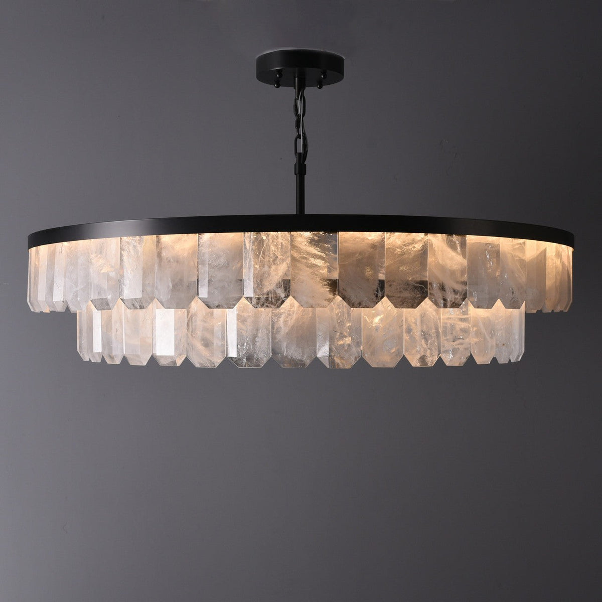 Two-Tier Rock Crystal and Steel Chandelier