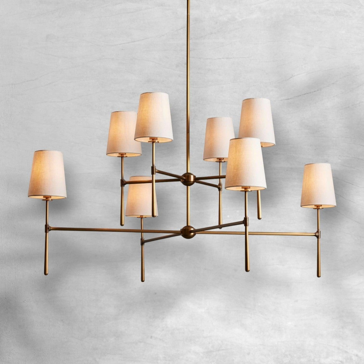 Two-Tier Round Brass Chandelier with Linen Shades