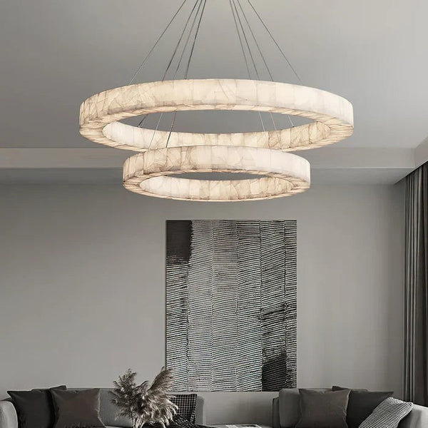 Two-Tier Round Calcite and Iron Chandelier