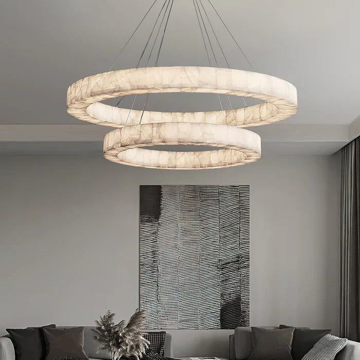 Two-Tier Round Calcite and Iron Chandelier