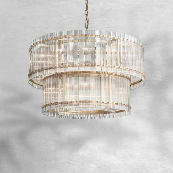 Two Tier Round Steel and Glass Panel Chandelier