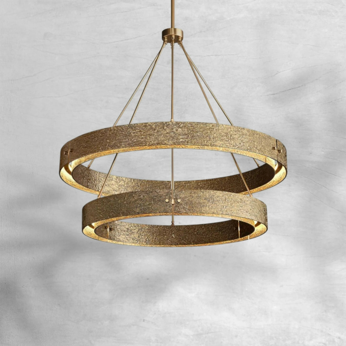 Two-Tier Textured Cast Brass Ring Chandelier