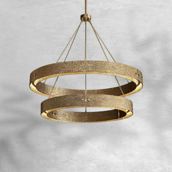 Two-Tier Textured Cast Brass Ring Chandelier