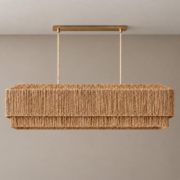 Two-Tier Woven Rattan and Copper Linear Chandelier