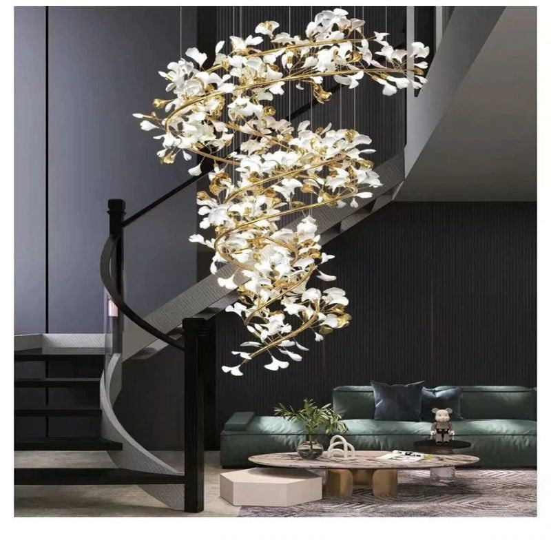 Two-Tiered Porcelain Ginkgo Leaf Copper Branch Chandelier