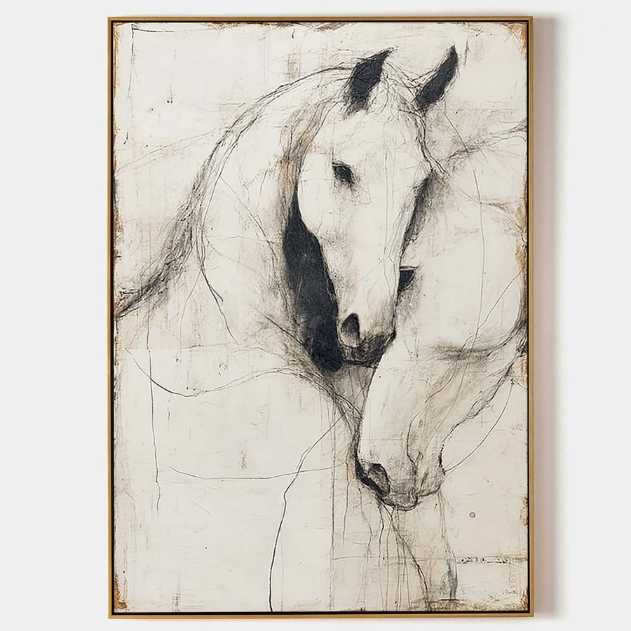 Two White Horses in Charcoal Line