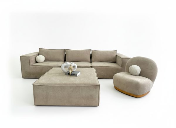 Conjunto de sala de estar minimalista moderno en color crema: sofá modular seccional, otomana y sillón curvo