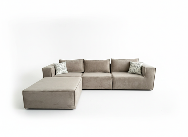 Modern Minimalist Cream Living Room Set – Modular Sectional Sofa, Ottoman & Curved Lounge Chair