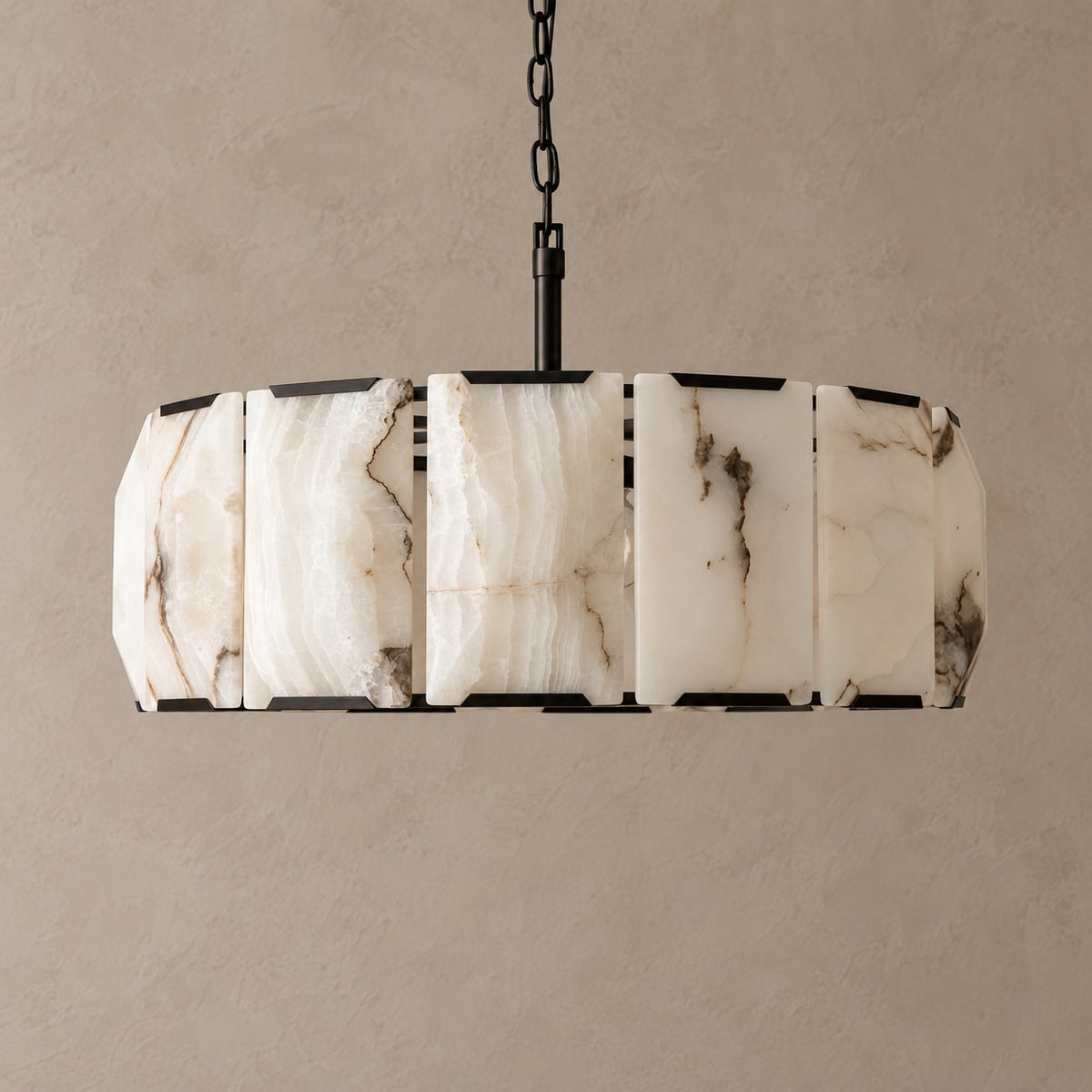Veined Alabaster Drum Chandelier with Black Steel Frame