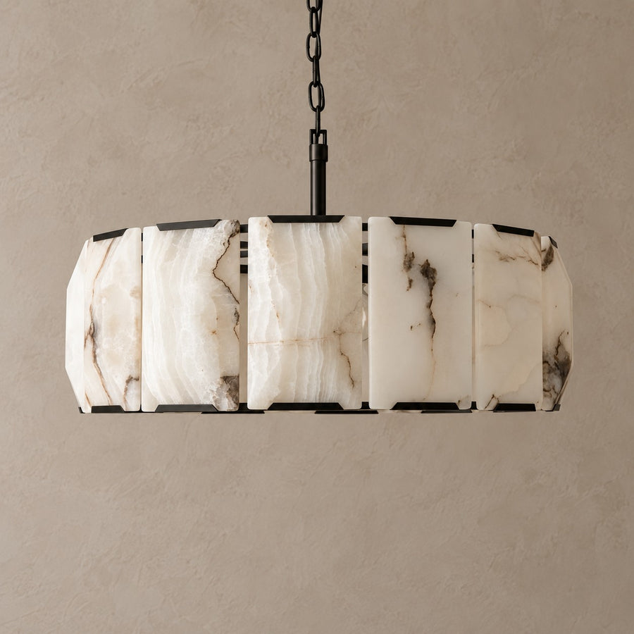 Veined Alabaster Drum Chandelier with Black Steel Frame