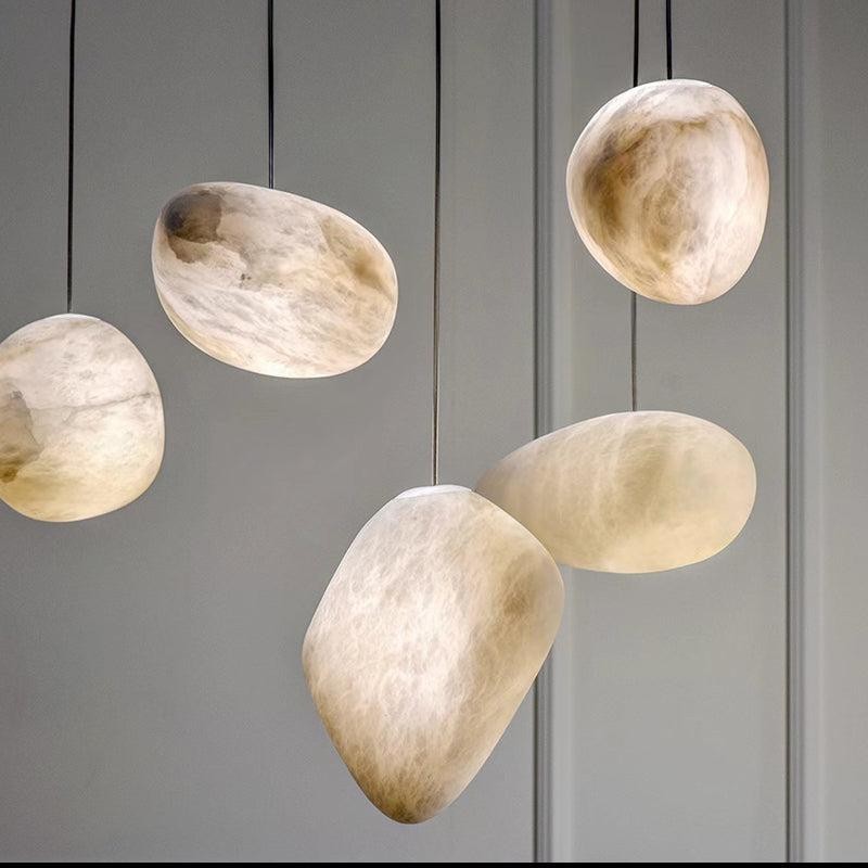Veined Alabaster Globe Pendant with Metal Hardware