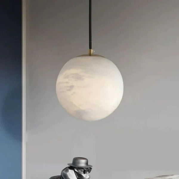 Veined Alabaster Globe Pendant with Slim Metal Fitting