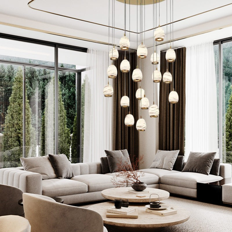 Veined Alabaster Oval Globe Chandelier with Slim Metal Rims