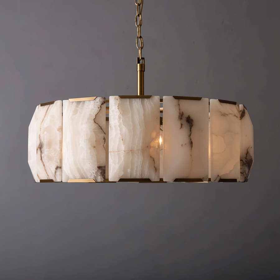 Veined Alabaster Ring Chandelier with Brass Frame