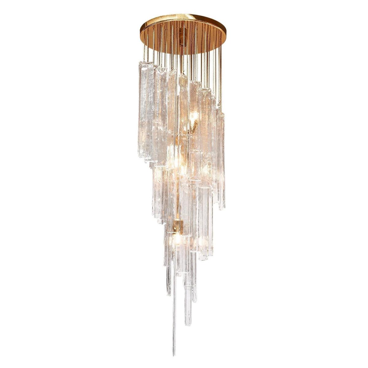 Vertical Textured Glass Blade and Gilded Brass Chandelier
